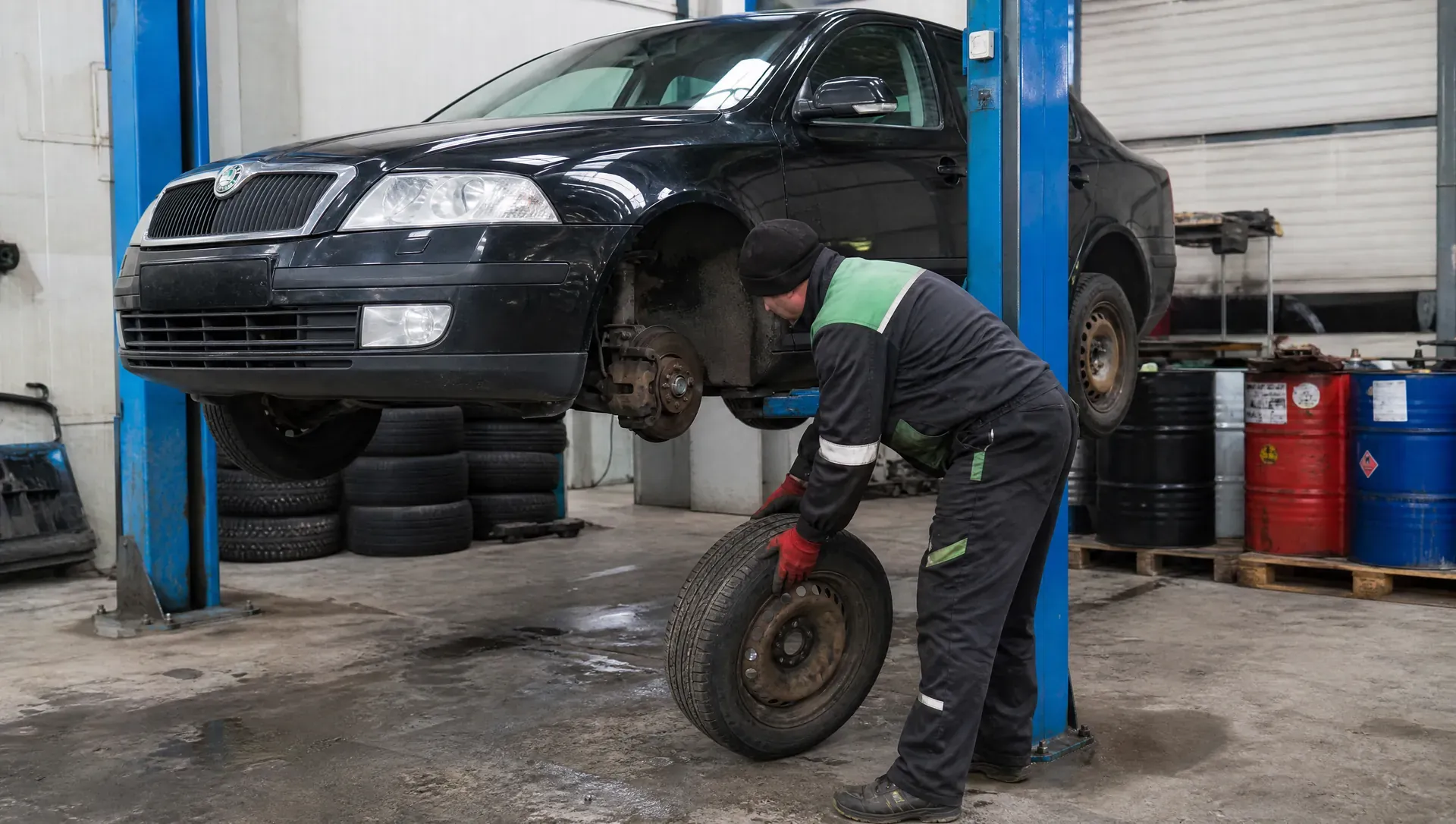 Likvidace vozidel Bašť – ilustrační foto: technik sundává kola z černé Škody Octavia na zvedáku