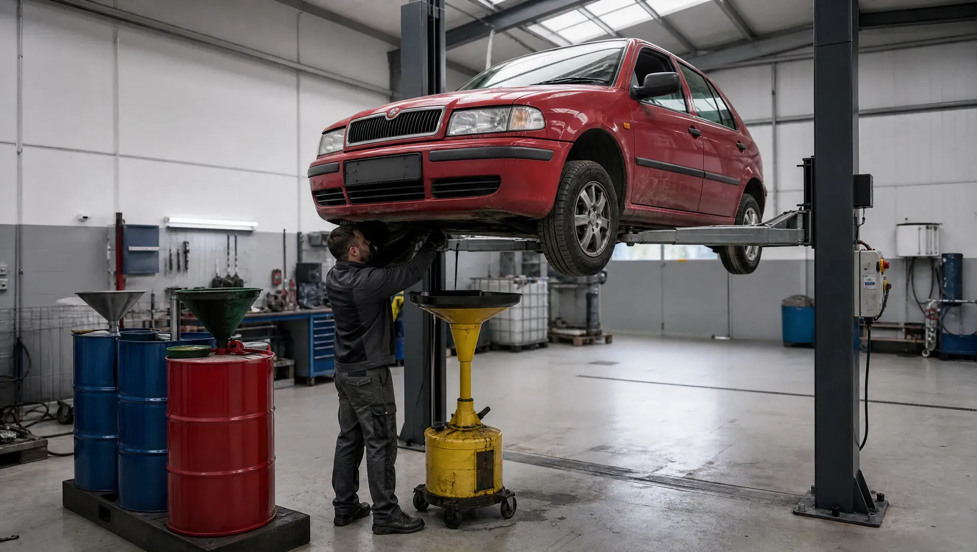 Likvidace vozidel Poděbrady – ilustrační foto: červená Škoda Fabia na zvedáku, technik odčerpává provozní kapaliny do sběrných nádob