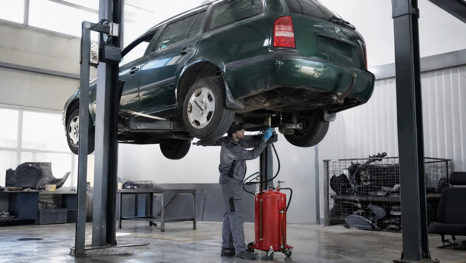 Likvidace vozidel Brodce – ilustrační foto: zelená Škoda Octavia Combi na zvedáku, technik odčerpává palivo zespodu nádrže